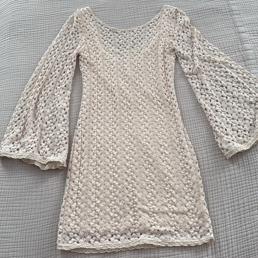 Free People Cream Crochet Backless Long-Sleeve Mini Dress - Picture 2 of 5